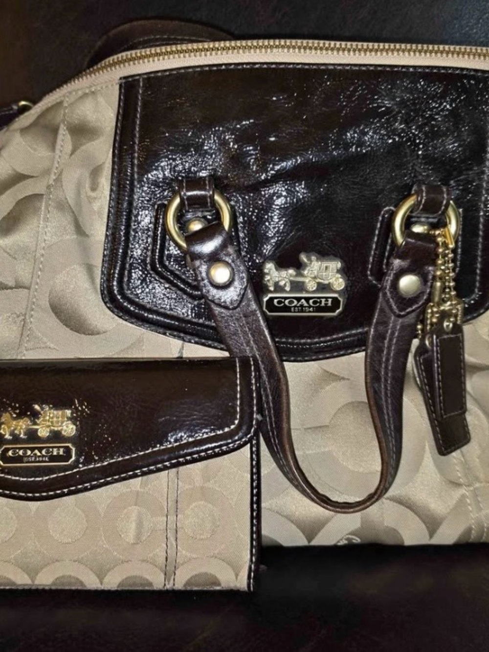Coach Beige Signature Jacquard Shoulder Bag with Dark Brown Patent Trim